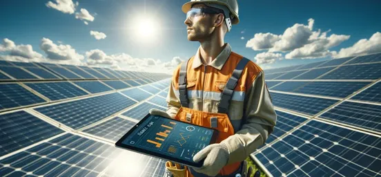 Technicien surveillant des panneaux solaires avec une tablette